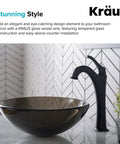 Slick Round Clear Brown Glass Vessel Sink, 14 Inch Above-Counter Bathroom Vanity Basin next to a wall-mount faucet on a countertop.