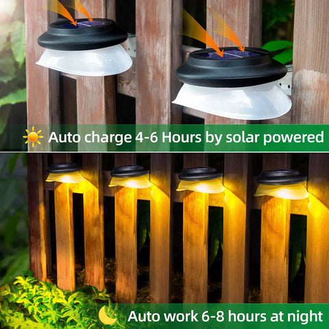 Solar Fence Lights Waterproof Outdoor Gutter Lights With Two Installation Methods for Deck Garden Porch Garage Wall Patio Backyard Warm White 6 Pack No Fuss Setup showing auto charge and night work.