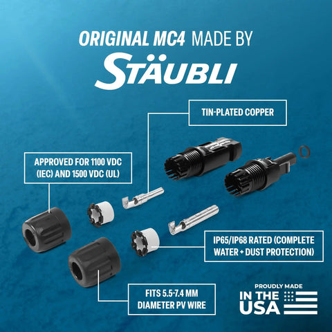 MC4 Solar Panel Connectors Set 10 Pairs With Snap In Locking For A Snug Plug And Play Fit, MULTILAM Low Contact Resistance, Fits 5.5 To 7.4mm PV Cable, IP65 IP68 Weatherproof, Requires Copper Terminal Crimp Tool, Made In USA.