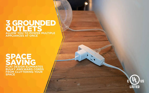 Slimline Flat Plug Extension Cord 6 Foot 16 Gauge 3 Conductor 3 Outlet Indoor White Wall Saver for Lamps Clocks and More displayed on table