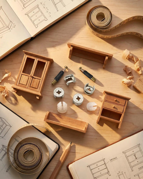 25 Set 3 In 1 Furniture Fasteners Kit With M6 35mm Cam Bolts And 15mm Cam Lock Nuts displayed with measuring tape and sketches