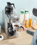 12 Cup Commercial Coffee Maker With Water Line Auto Fill, stainless steel body, dual glass carafes, shown in kitchen setup