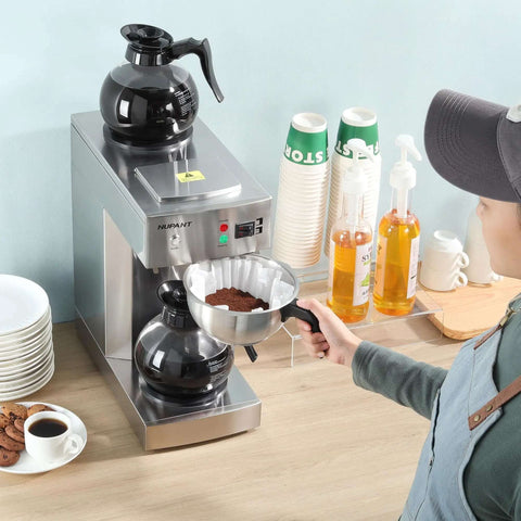 12 Cup Commercial Coffee Maker With Water Line Auto Fill, stainless steel body, dual glass carafes, shown in kitchen setup