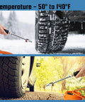 Heavy Duty Truck Tire Inflator Kit And Tough 3/8 X 50 Ft Hybrid Air Hose With Brass Fittings in use on snowy and sunny terrains.