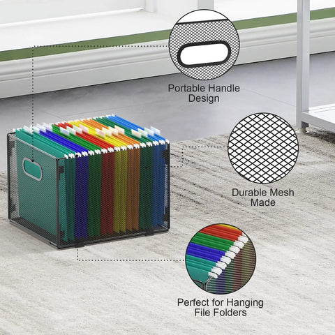 Collapsible Mesh Hanging File Crates With Handy Carry Handle Letter Size Document Holder and Portable Desk Organizer with colorful folders.