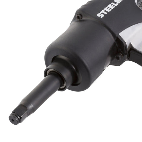 Close-up view of a Heavy Duty Half Inch Impact Wrench With 2 Inch Extended Anvil And Twin Hammer for deep tire wells and smooth high torque performance.