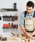 Heavy Duty Screwdriver Organizer Wall Mount Rack Set Four Pack For Garage And Workshop Gear on wall with tools displayed