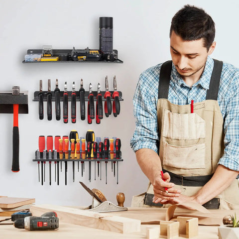 Heavy Duty Screwdriver Organizer Wall Mount Rack Set Four Pack For Garage And Workshop Gear on wall with tools displayed