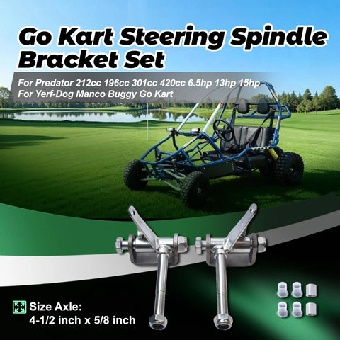 Heavy Duty Go Kart Steering Spindle Bracket Set With Four And A Half Inch Axle And Five Eighth Inch Shaft For Predator 212Cc 196Cc 301Cc 420Cc Six Point Five Hp Thirteen Hp Fifteen Hp Yerf-Dog Manco Azusa Go Kart Parts Built Tough Pro Grade Durable, shown with go kart and components