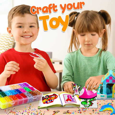 Kids enjoying Awesome Fuse Bead Craft Kit for Kids With Pegboards and Pony Beads Pixel Art Set, creating colorful designs.