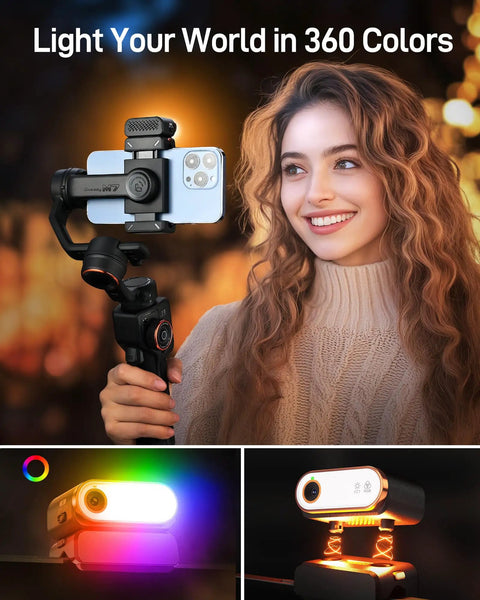 Woman using Phone Gimbal Stabilizer With AI Tracking And Detachable One Point Four Inch Touchscreen Remote Built In Extension Rod Fill Light For Video Vlogging And YouTube Shoots Smooth Motion And Pro Level Stability at night