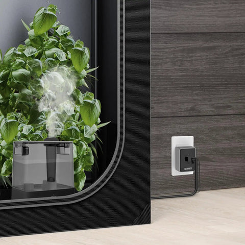 Outlet Adapter For UIS Smart Controllers Lets You Power Humidifiers Dehumidifiers And Air Conditioners Safely With Automatic Start Gear Only Not For High Wattage Heaters Or Rapid On Off Cycling shown powering a humidifier in a grow space