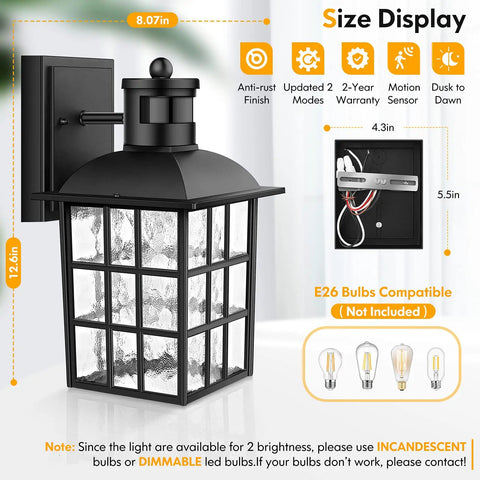 2 Pack Motion Sensor Outdoor Lights With Dusk To Dawn Sensor And Wall Mount Exterior Black Lantern Sconces, size and bulb details