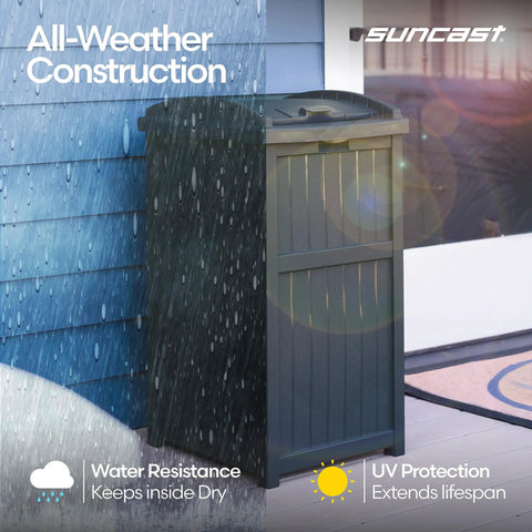 Hideaway Outdoor Trash Can With Lid, Resin Waste Container For Patio Garden Deck, Concealed Garbage Bin, shown in rain