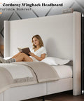 Chill In Style With This Super Comfy Queen Upholstered Bed Frame Featuring A Tall 63 Inch Corduroy Wingback Headboard In Classic Cream Fabric For Ultimate Bedroom Vibes And Solid Nightly Rest. Woman reading with 63" corduroy wingback headboard.