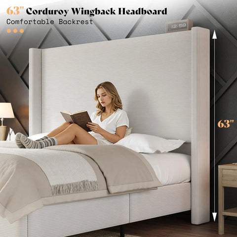 Chill In Style With This Super Comfy Queen Upholstered Bed Frame Featuring A Tall 63 Inch Corduroy Wingback Headboard In Classic Cream Fabric For Ultimate Bedroom Vibes And Solid Nightly Rest. Woman reading with 63" corduroy wingback headboard.