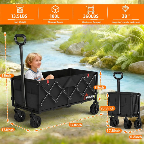 Extra Long 35 Inch Folding Wagon With Wheels, Heavy Duty Collapsible Utility Cart That Hauls 360 Pound Capacity in use by child