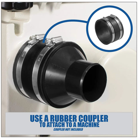 4 Inch To Two And A Half Inch Reducer Hose Adapter For Dust Collection Converts Four Inch Hose To Two And A Half Inch Vacuum Fitting Must Have Shop Vacuum And Dust Collector Accessory For Port Connections On Larger Machinery installed view with rubber coupler.