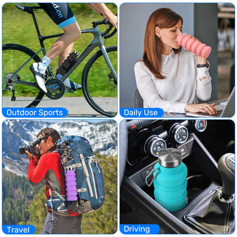 Collapsible 16oz Silicone Water Bottle With Carabiner For Gym Travel Camping Hiking Sports Lightweight BPA Free Leak Proof Foldable Design Light Pink TSA Friendly Travel Ready used in various scenarios.