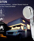Hard Water RV Shower Head With Filter For Camper Use displayed next to an RV under the night sky, showcasing its features.
