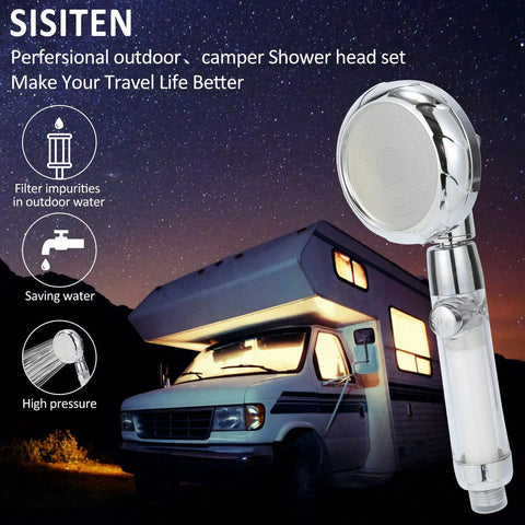 Hard Water RV Shower Head With Filter For Camper Use displayed next to an RV under the night sky, showcasing its features.