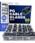 Tough as Nails PG Cable Glands Kit With KableLock Tech For PG7 To PG19 Black Nylon Cord Grip Strain Relief 50 Pack in case.
