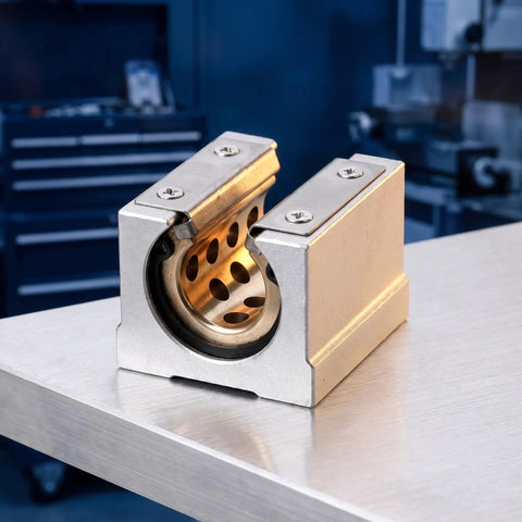 Top Rated Joinpaya 2pcs Br20uu Linear Bearing Blocks with Oilless Graphite Bronze Bushings close-up on metal table.