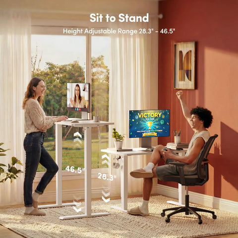 Two people using 32 Inch Electric Standing Desk With Adjustable Height From Sitting To Standing, showing different height settings