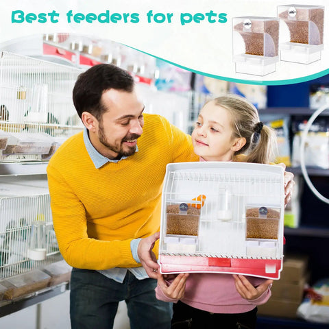 No Sweat Automatic Parrot Feeder Cups Bulk Pack held by father and daughter, showcasing seed dispensers in pet store.