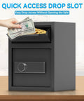 Heavy Duty Fireproof Deposit Safe With Front Drop Slot And Digital Combination Lock For Cash And Important Documents Silent Security Safe Box For Home Office Or Small Biz with open slot and hand depositing money.