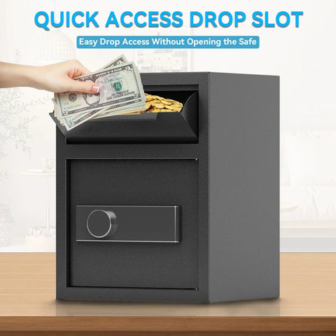 Heavy Duty Fireproof Deposit Safe With Front Drop Slot And Digital Combination Lock For Cash And Important Documents Silent Security Safe Box For Home Office Or Small Biz with open slot and hand depositing money.