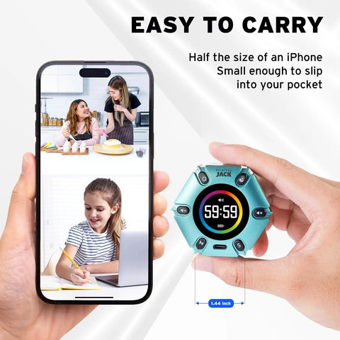 Hand holding Magnetic Visual Timer With Flip Countdown And Silent Alarm For Work Study And Kitchen, size comparison with smartphone