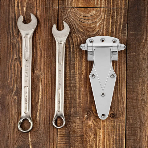Heavy Duty Freezer Door Hinge Zinc Alloy with wrenches on wooden background