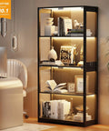 4 Tier Glass Display Cabinet With Pop Up Doors And Motion Sensor, Black Curio Display Case For Collectibles With LED Lights and Decor