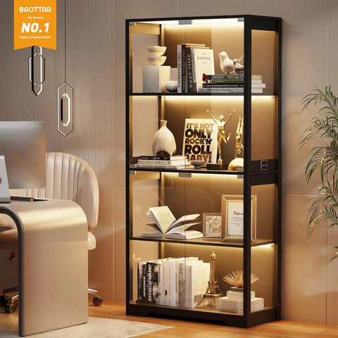 4 Tier Glass Display Cabinet With Pop Up Doors And Motion Sensor, Black Curio Display Case For Collectibles With LED Lights and Decor