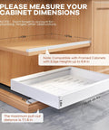 Set Of Two White Pull Out Cabinet Organizer Shelves, Expandable Roll Out Pantry Drawer With Slick Glide Rails showing dimensions and fit for cabinets.