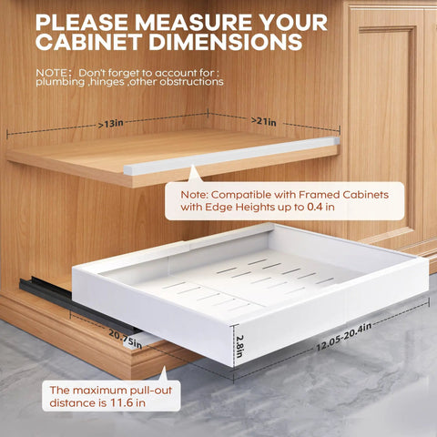 Set Of Two White Pull Out Cabinet Organizer Shelves, Expandable Roll Out Pantry Drawer With Slick Glide Rails showing dimensions and fit for cabinets.