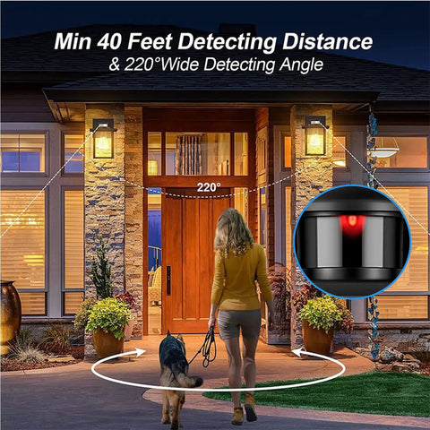 Porch Lights With GFCI Outlet, Dusk To Dawn Motion Sensor Outdoor Lighting on house front door showing sensing range
