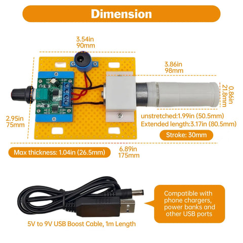Legit Strong 5V 30mm Stroke Mini Reciprocating Linear Actuator dimensions including motor and USB cable for DIY automation projects.