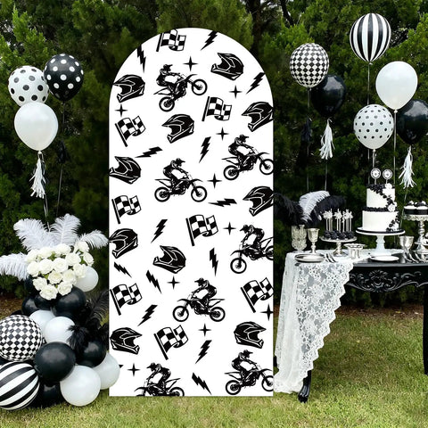 Totally Dope Motocross Arch Backdrop Cover 6ft Black White Dirt Bike Vibe Stretchy Spandex Fit For Motorcycle Weddings