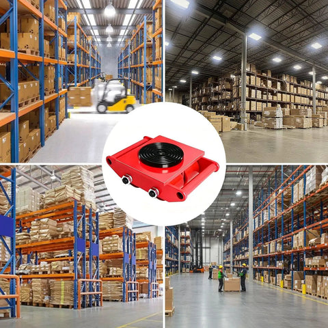 Heavy Duty Machine Skate Dolly Set for effortless equipment transport, 30 ton capacity, 4 pack, in a warehouse setting