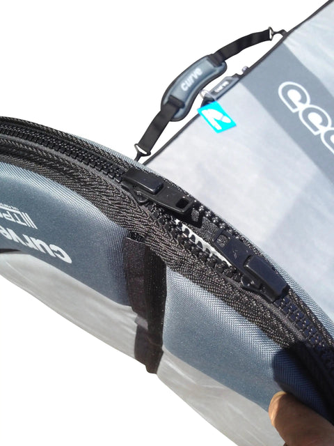 Close-up of zipper on Boosted 20mm Foam Nose And Tail Protection Foil Bag For Wing Foil And SUP Boards Travel Ready Case
