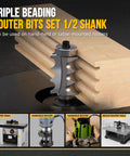 Sick Craftsmen Love Pro Grade 5 Piece Triple Beading Router Bit Set With Heavy Duty Half Inch Shank showing router bit in use on wood.
