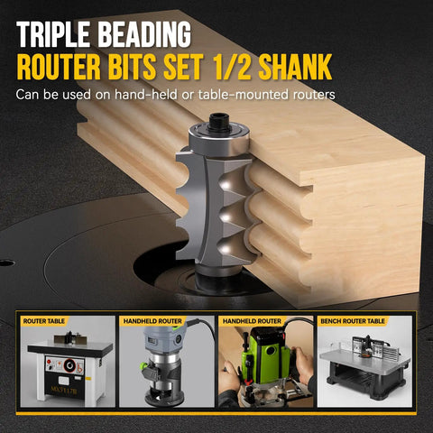 Sick Craftsmen Love Pro Grade 5 Piece Triple Beading Router Bit Set With Heavy Duty Half Inch Shank showing router bit in use on wood.