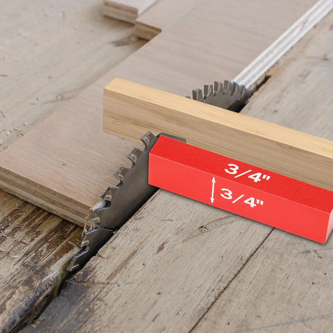 Pro Grade Setup Blocks Kit 16 Piece Precision Aluminum Height Gauge for routers and table saws beside saw blade and wood