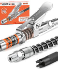 One Hand Ready Ultra Compact Locking Grease Gun Coupler With Twelve Inch Flex Hose Twelve Thousand PSI Quick Release One Eighth Inch NPT Fitting Fits All Grease Guns Cleaning Tool Included Built Tough For Tight Spaces shown with package