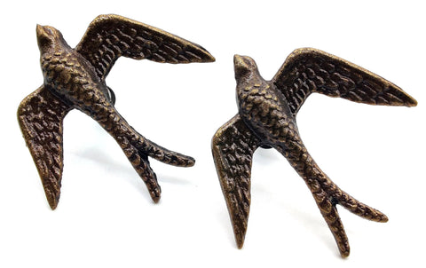 Vintage Cast Iron Closet Door Pull Handles In Bronze Finish With Delicate Bird Design Set Of 2. Handcrafted bird-shaped pull handles.