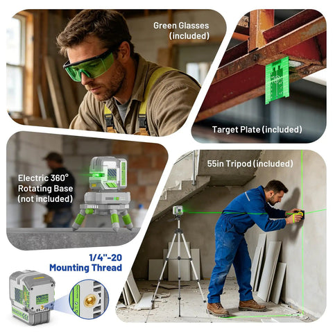 Green Laser Level With 55 Inch Tripod, Self Leveling 150 Ft Range, Pulse Mode Up To 200 Ft, Cross Line Tool For Picture Hanging, Tile, DIY And Construction, Rechargeable, Hard Case, with included glasses and target plate