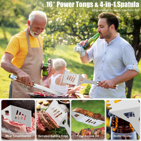 Two men using Deluxe 35-Piece BBQ Tools Set For Men And Dad With Stainless Steel Grill Utensils at outdoor grill