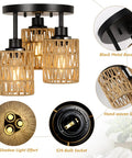Three Light Boho Rattan Ceiling Fixture With Hand Woven Cage Shade Farmhouse Semi Flush Mount showcasing black metal base and E26 bulbs.